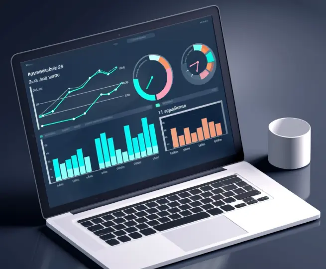 Laptop displaying colorful analytics graphs and data charts.