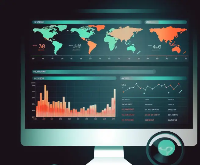 Computer screen displaying global data analytics dashboard.