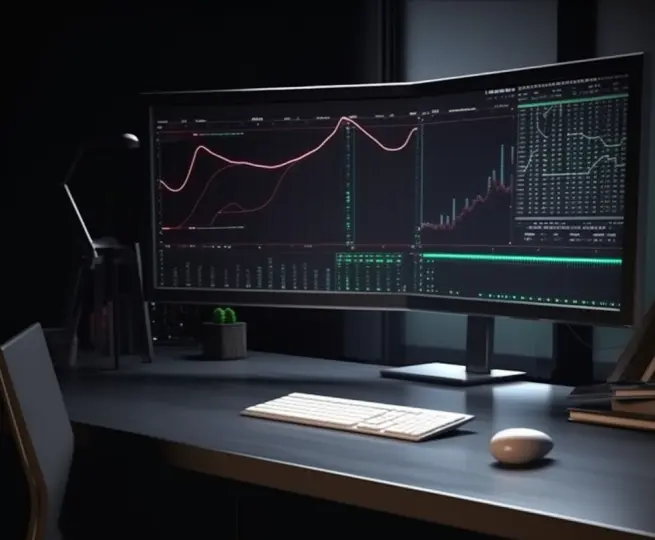 Curved monitor displaying financial graphs on desk.