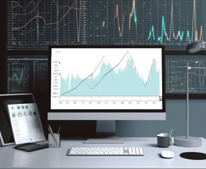 Office desk with financial analysis graphs on computer monitors.