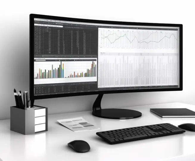 Curved monitor displaying financial graphs and analysis.