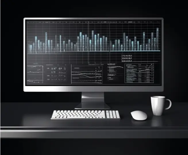 Computer monitor displaying graphs and data analytics.