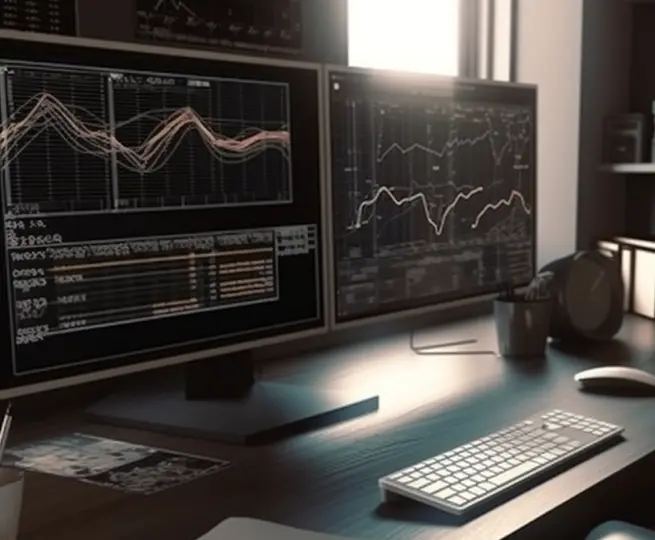 Dual monitors with financial graphs on office desk.